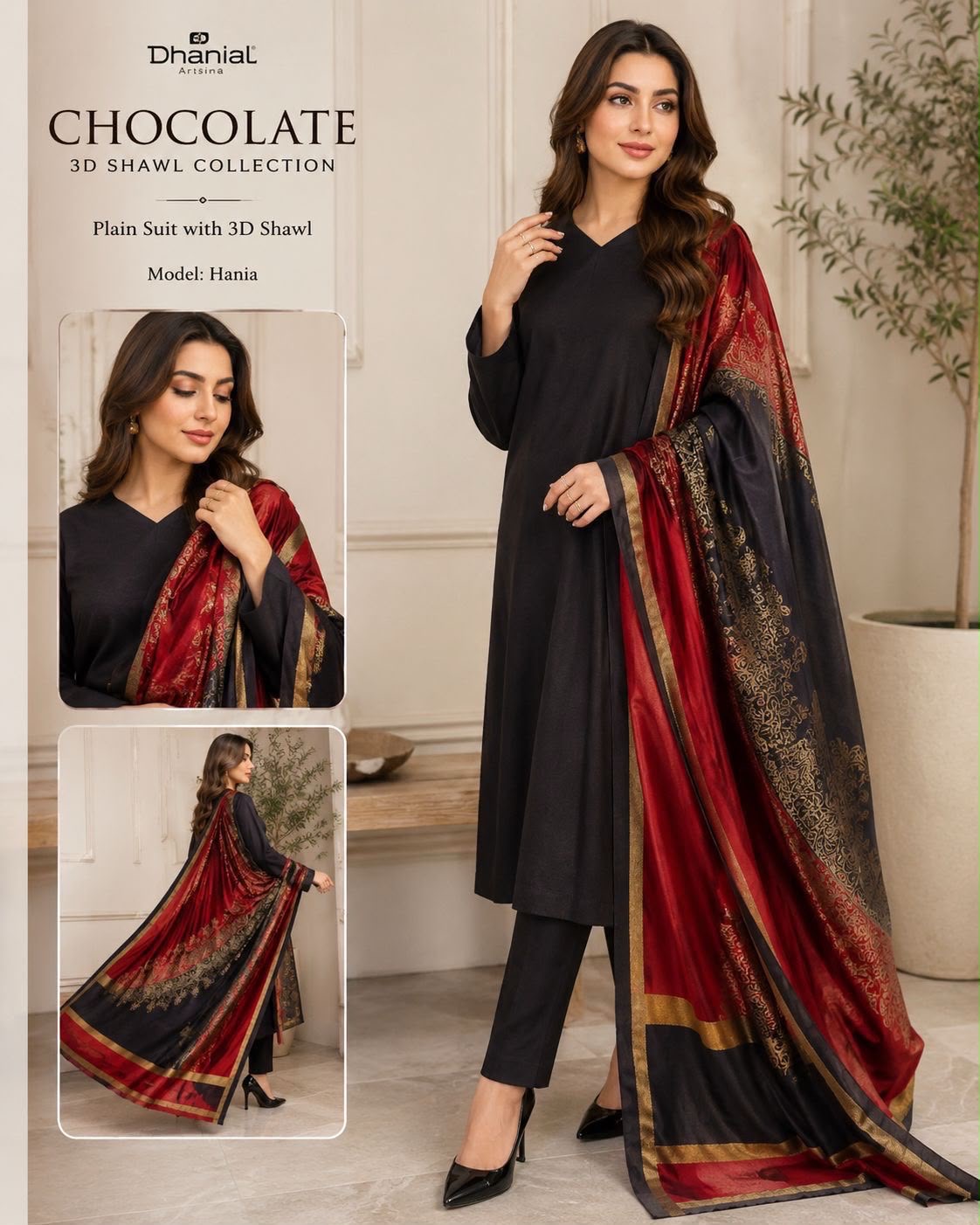 Dhanak wool 3 PC with Brosha Shawl-Black