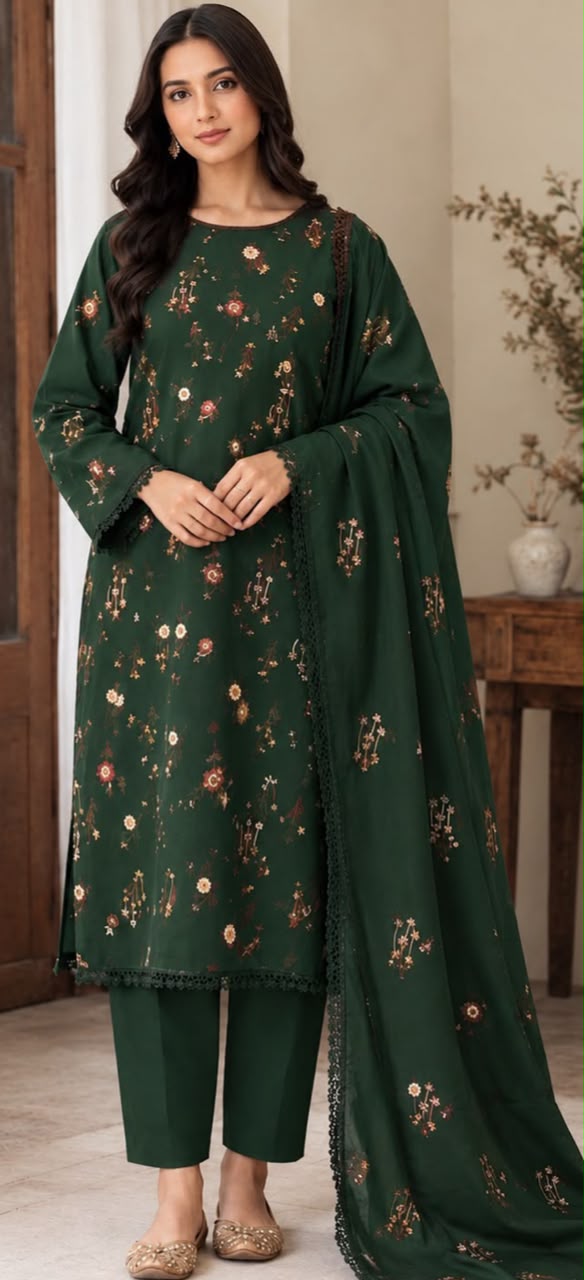 Floral Dhanak wool 3 PC-B Green