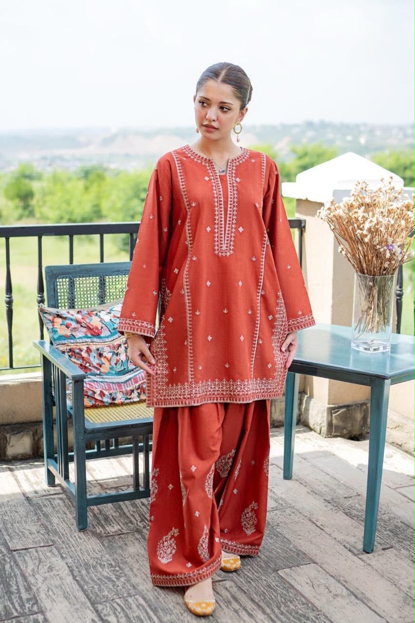 Laam 2 PC Trouser Embroidery-Rust TS