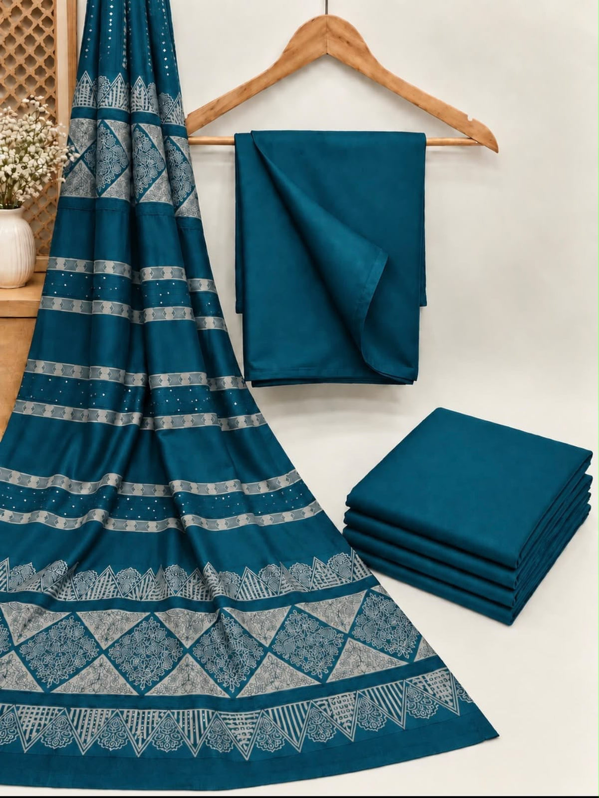 Dhanak wool 3 PC with Brosha Square strips same Shawl-Zink