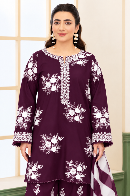 Midnight Bloom – 3 Piece Embroidered dhanak wool-PLUM