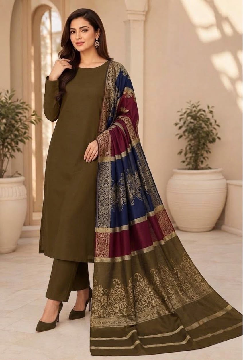Dhanak wool 3 PC with Brosha Shawl-Tobacco