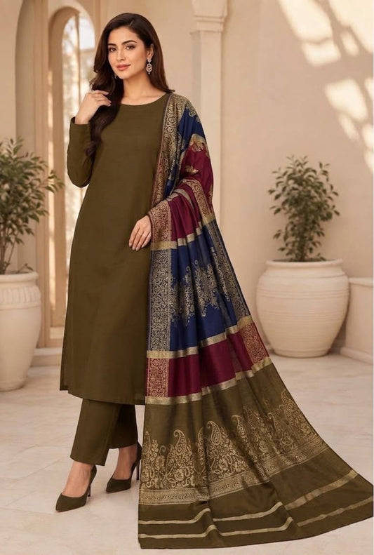 Dhanak wool 3 PC with Brosha Shawl-Tobacco