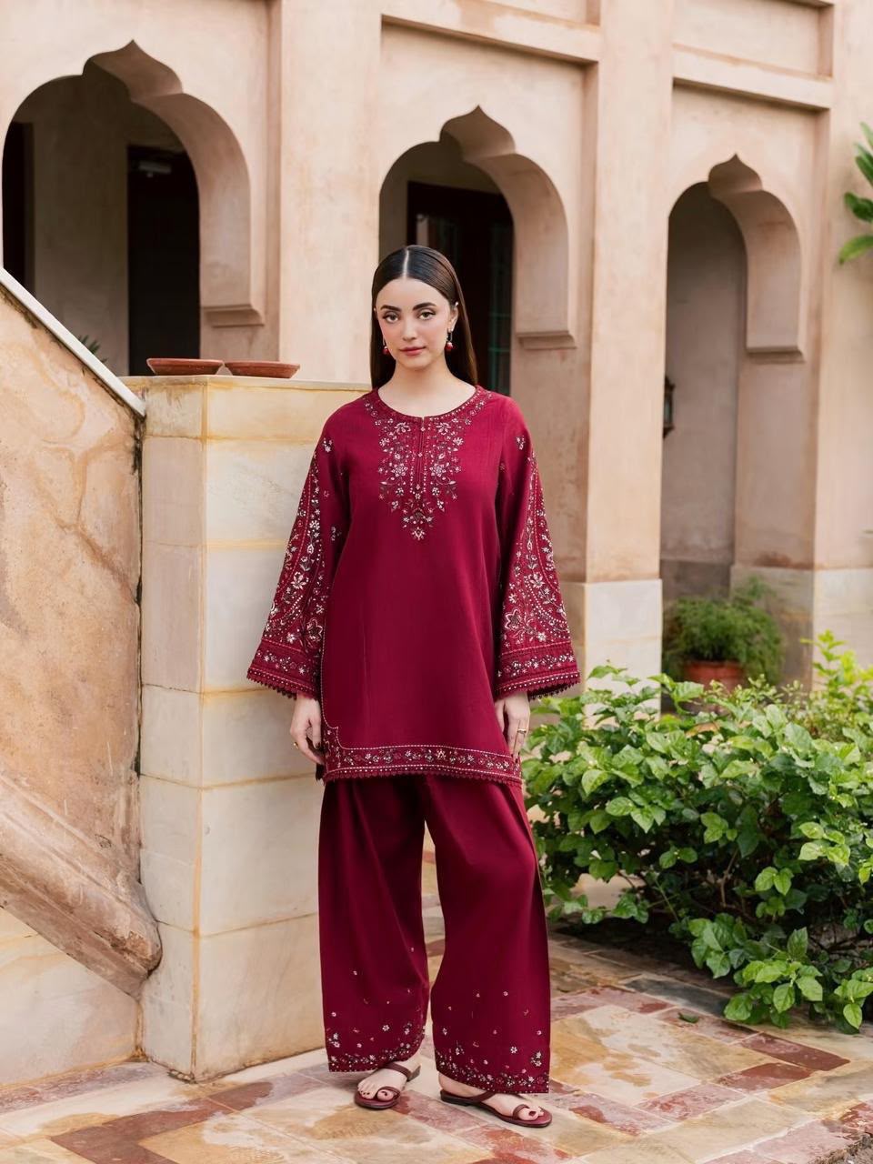 Batik 2 PC Multi Embroidery-Meroon-TS