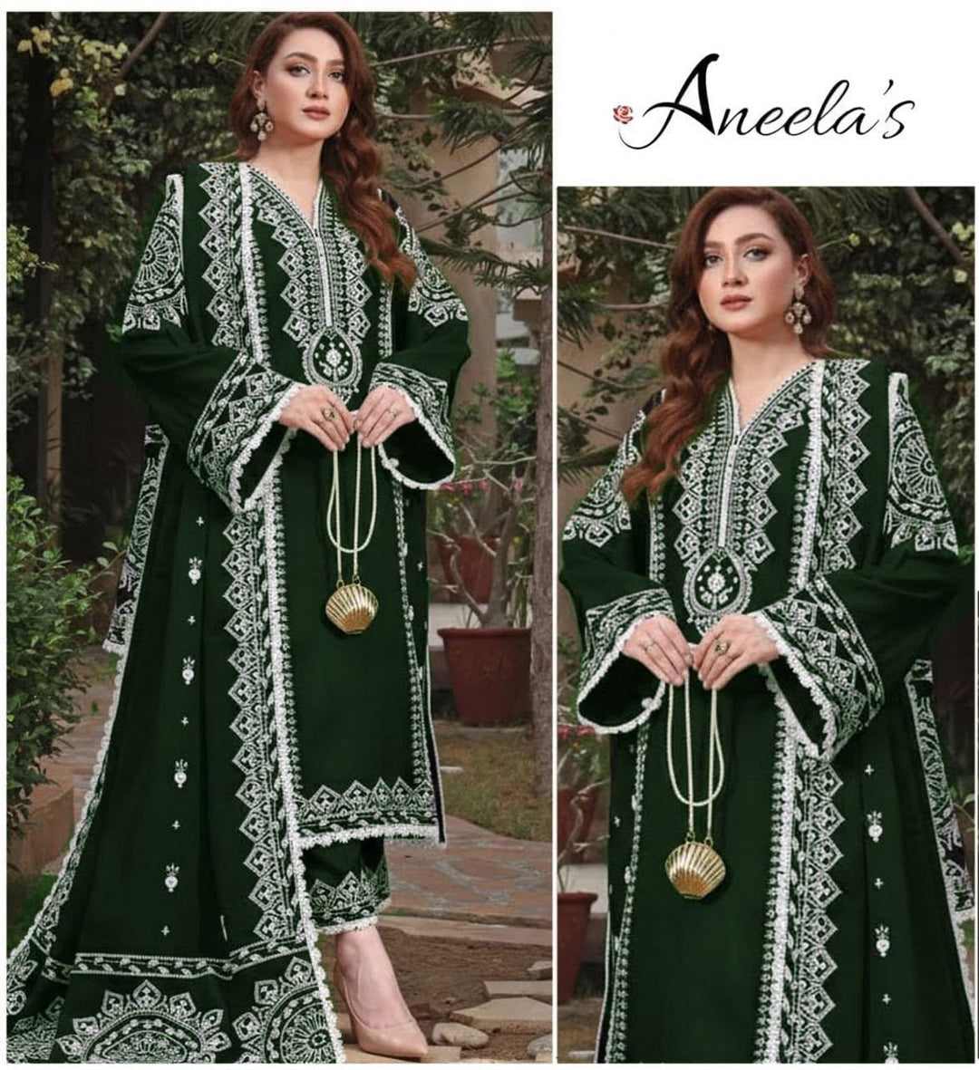 Embroidered 3pc Aneela's-Bottle Green