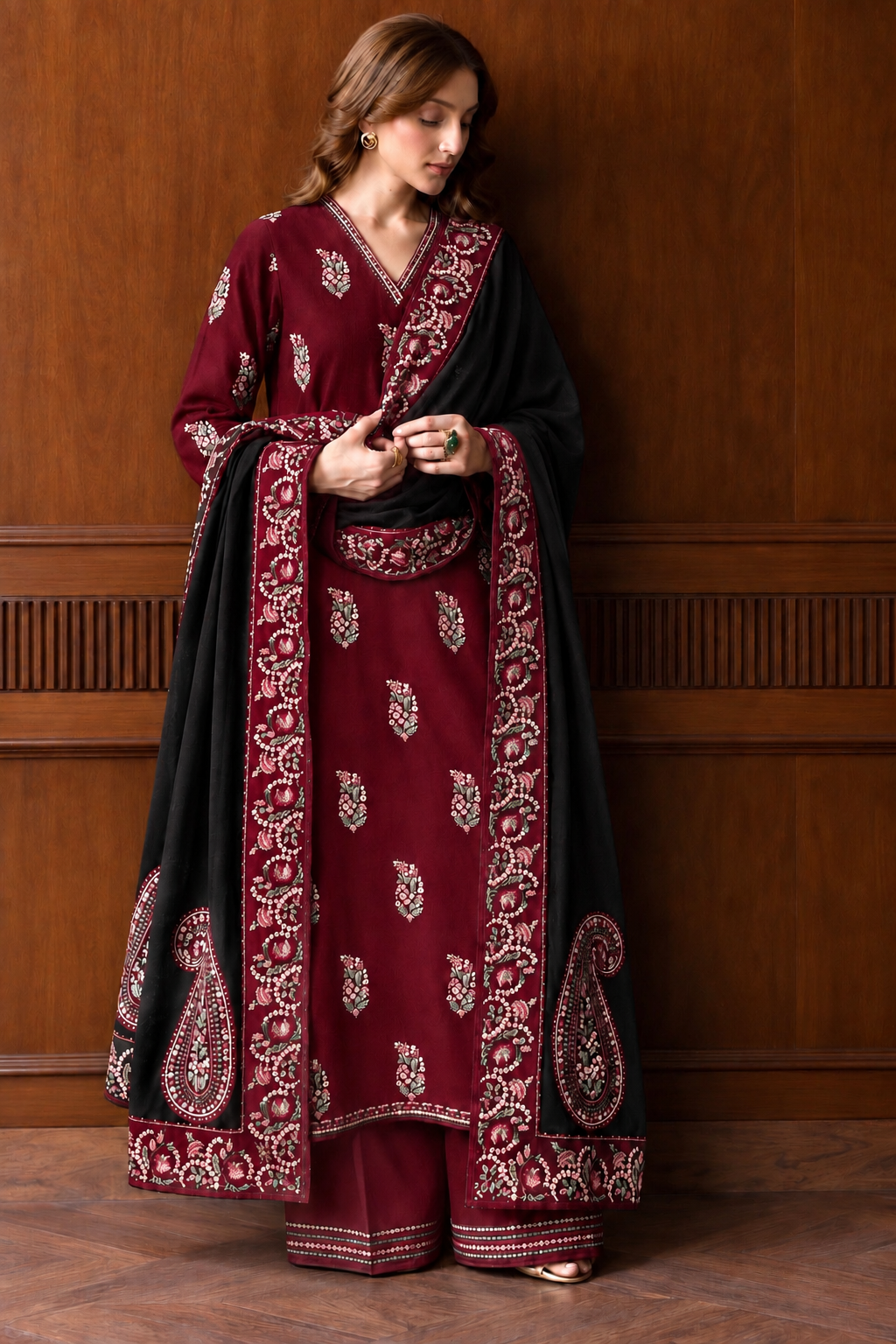Batik– 3 Piece winter 4 sided Patti and Motif shawl ready to wear-M&B