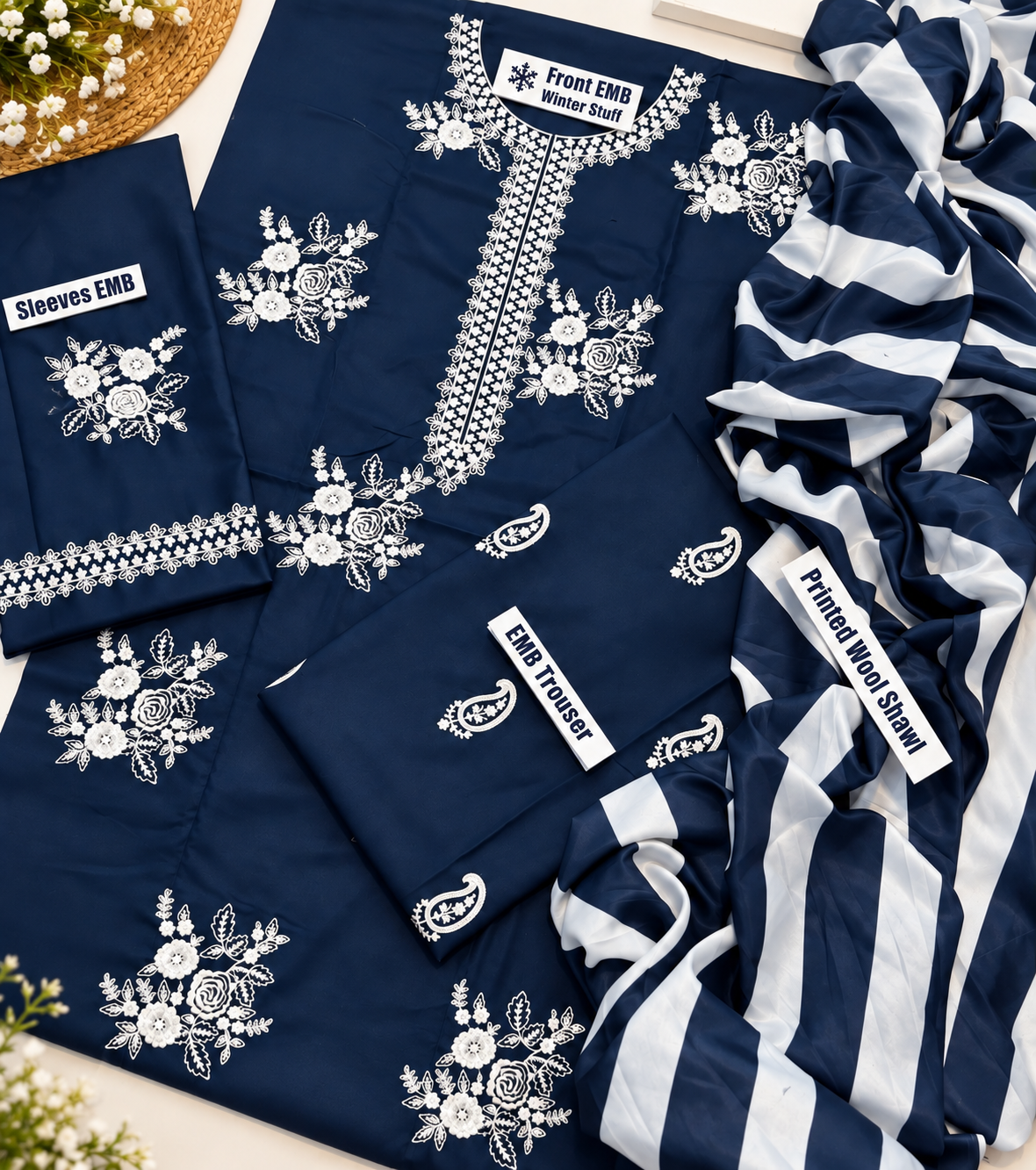 Midnight Bloom – 3 Piece Embroidered dhanak wool-Navy