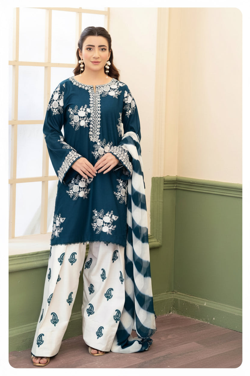 Zara Shahjahan Luxury Embroidery 3 Pc with contrast Touser-zink