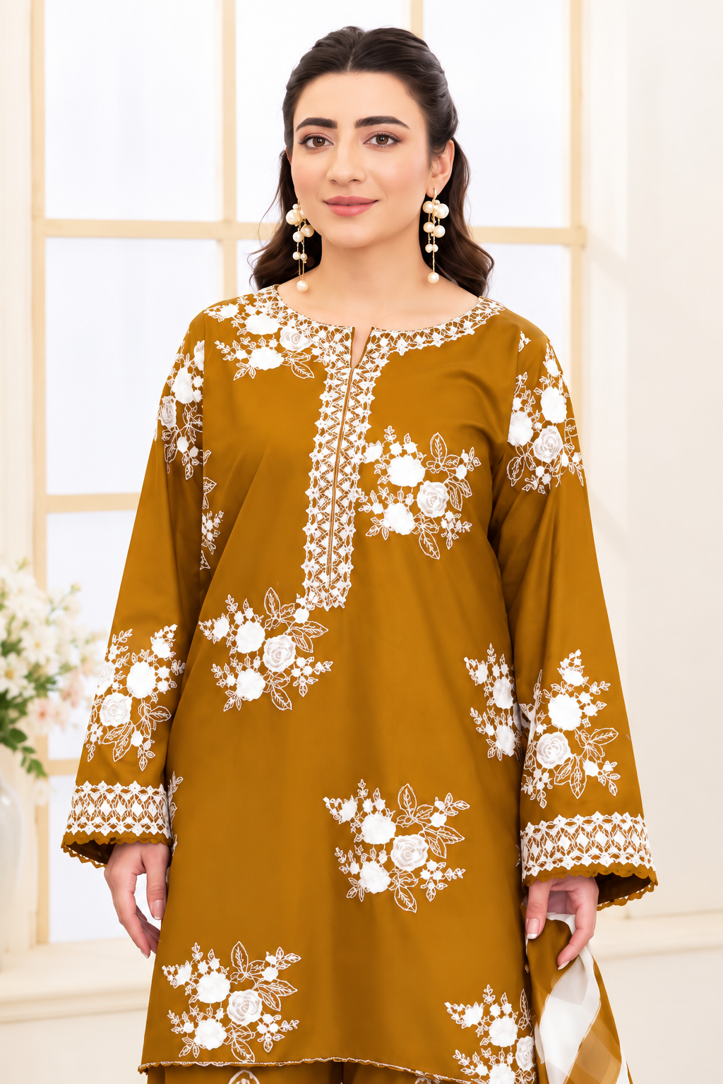 Midnight Bloom – 3 Piece Embroidered dhanak wool-Mustard