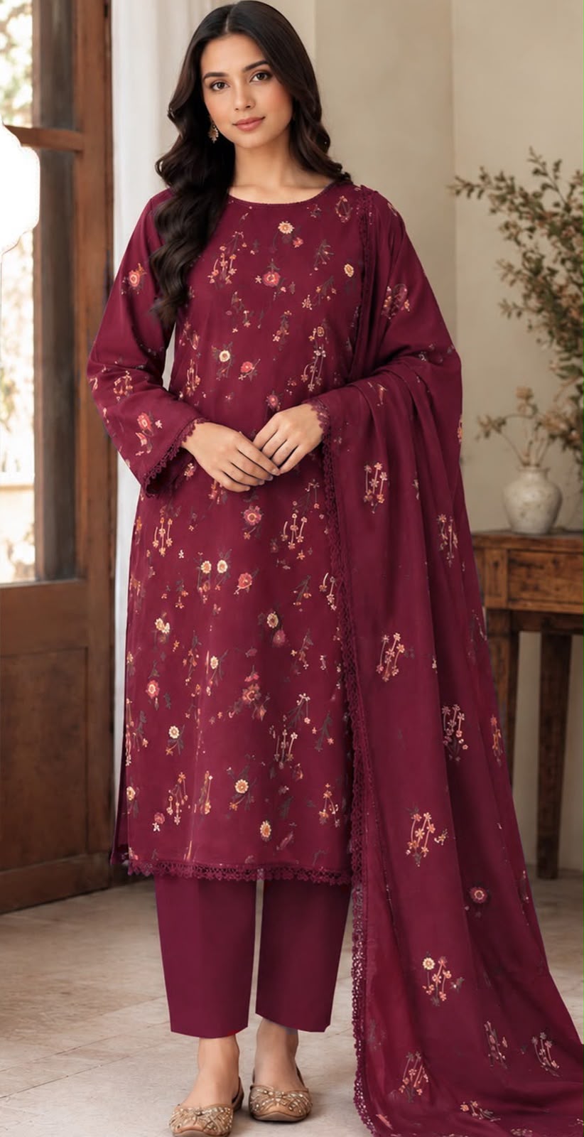 Floral Dhanak wool 3 PC-Meroon Dark