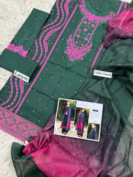 Summer 3 PC Farasha Green Premium Lawn