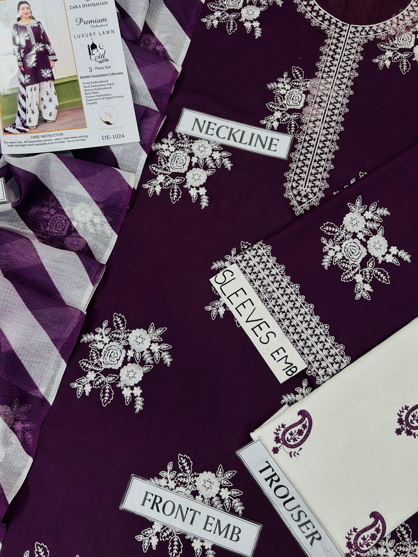 Zara Shahjahan Luxury Embroidery 3 Pc with contrast Touser-Plum
