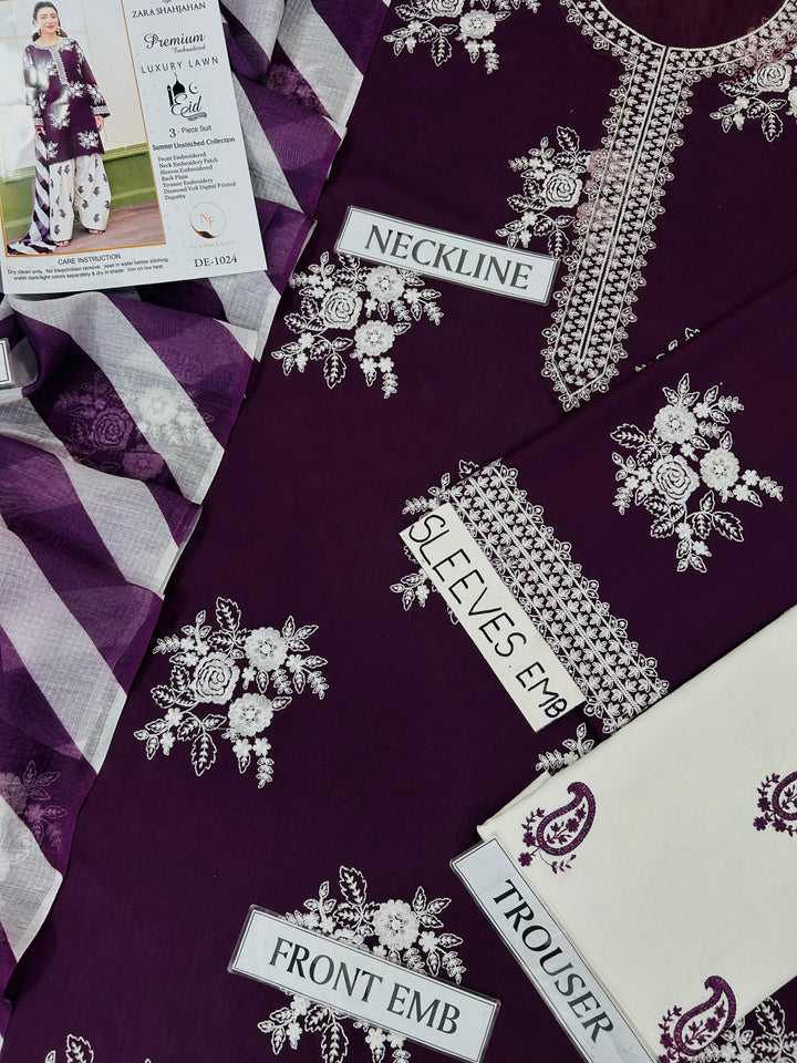 Zara Shahjahan Luxury Embroidery 3 Pc with contrast Touser-Plum