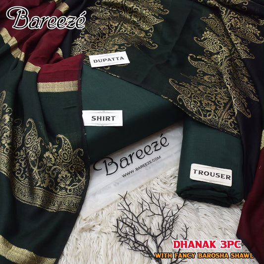 Dhanak wool 3 PC with Brosha Shawl-B Green
