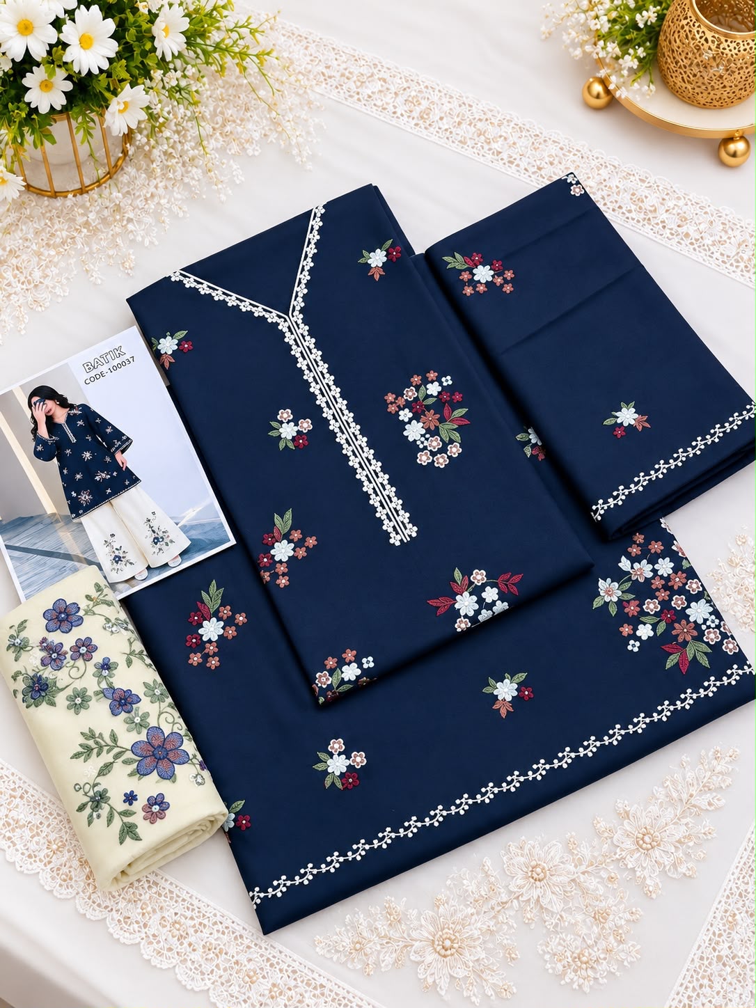 Batik 2 PC Trouser Embroidery-Navy WT-TS