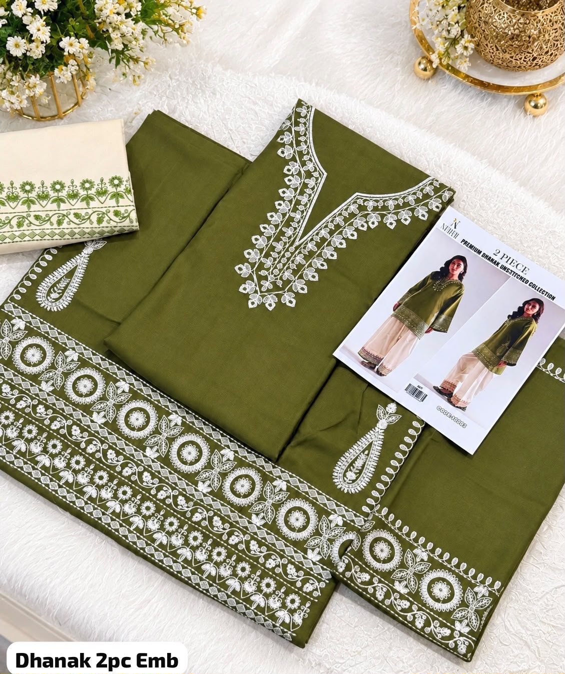 Nureh 2 PC Embroidery-Mehndi White T-TS