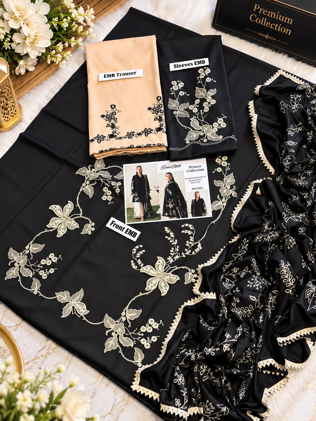 Cross Stitch – 3 Piece Embroidery heavy shawl ready to wear-contrast Trouser
