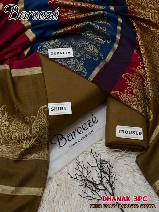 Dhanak wool 3 PC with Brosha Shawl-Tobacco