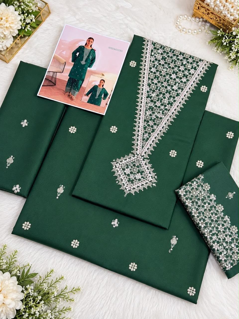 Premium 2 PC Trouser Embroidery B Green-TS