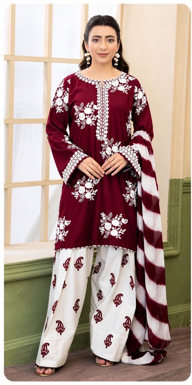 Zara Shahjahan Luxury Embroidery 3 Pc with contrast Touser-Meroon