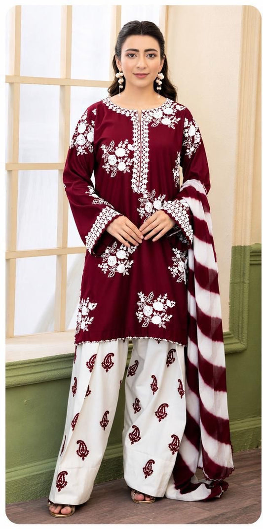 Zara Shahjahan Luxury Embroidery 3 Pc with contrast Touser-Meroon