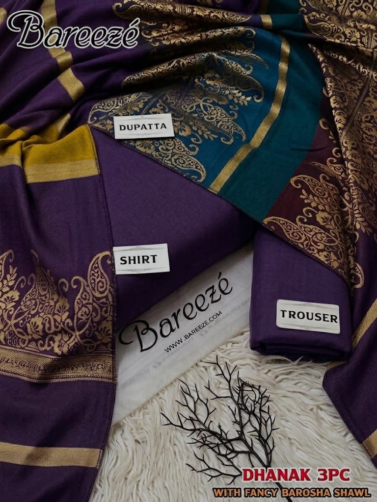 Dhanak wool 3 PC with Brosha Shawl-Plum