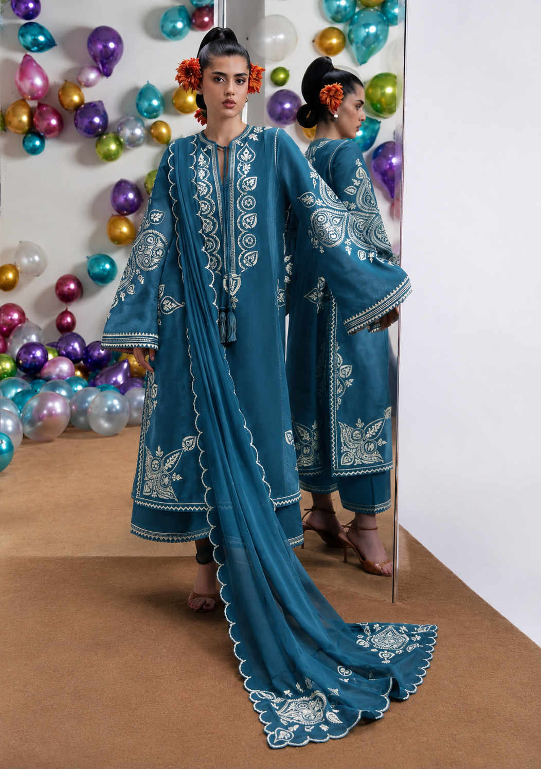 NAIN PREET– 3 Piece winter wool 2 sided Pallu ready to wear shawl-Zink