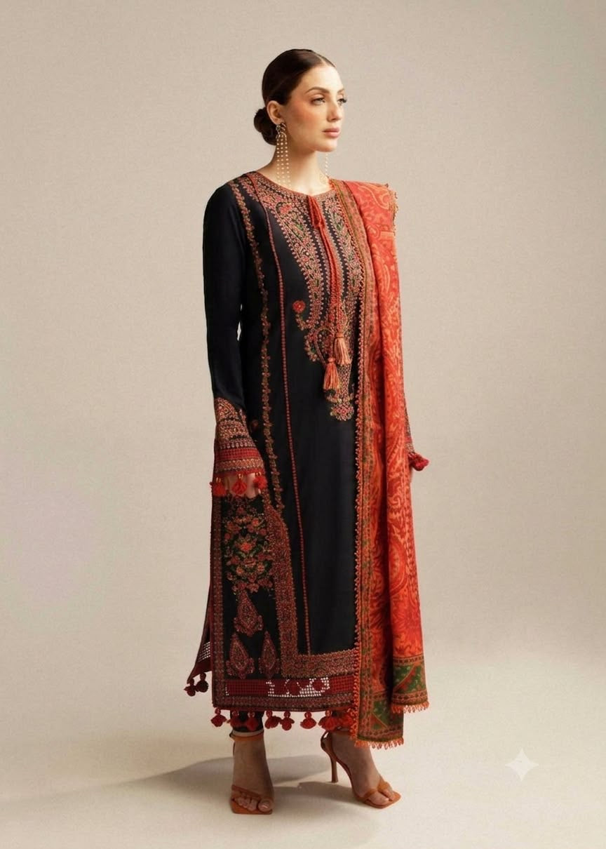 HUSSAIN REHAR DHANAK UNSTITCHED EMB 3PC-Black