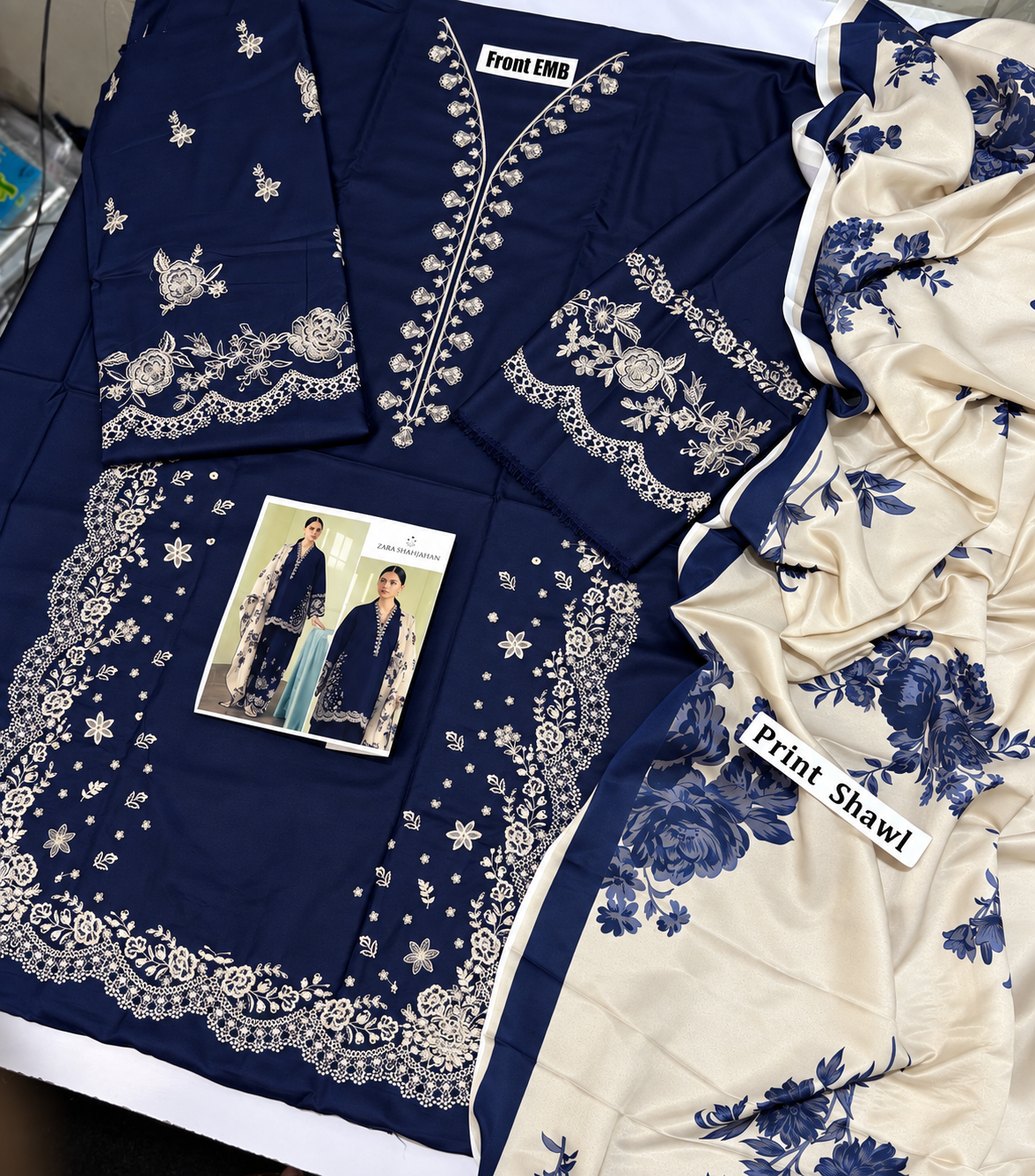 Coco by Zara ShahJahan 3 Piece Dhanak Marina with Printed wool Shawl-Navy