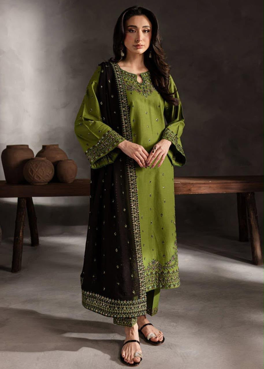 Batik– 3 Piece winter ready to wear contrast Shawl-Mehndi