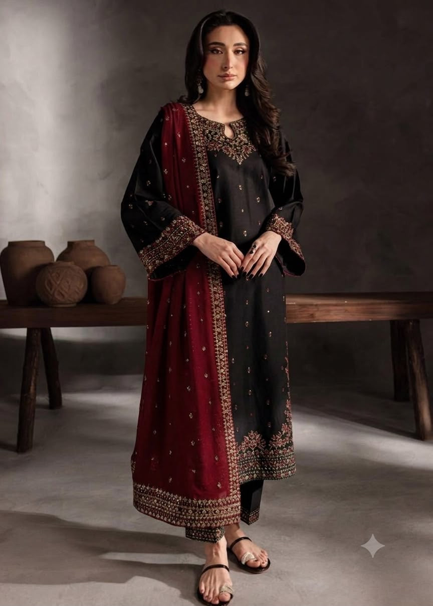 Batik– 3 Piece winter ready to wear contrast Shawl-Black