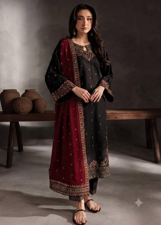 Batik– 3 Piece winter ready to wear contrast Shawl-Black