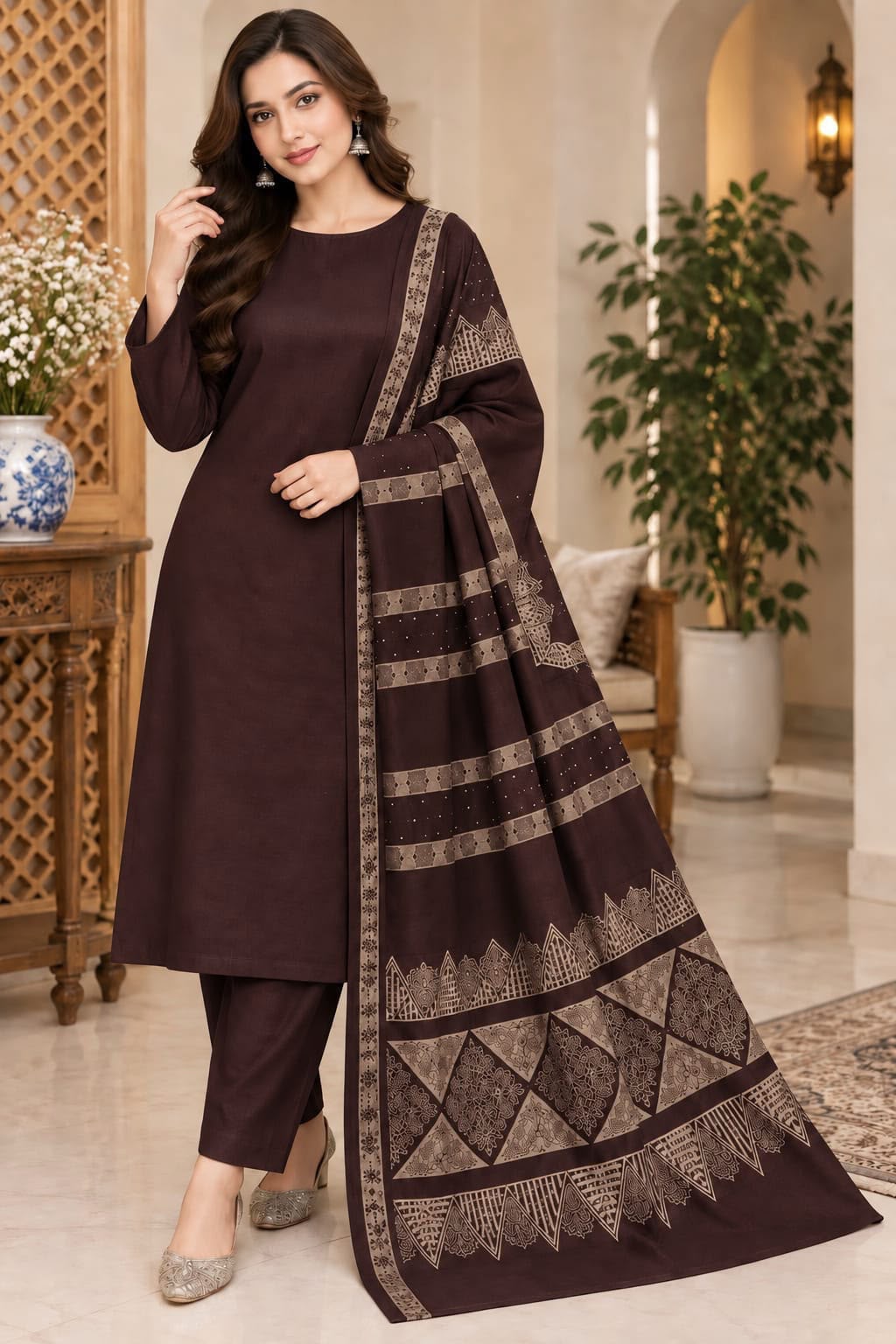 Dhanak wool 3 PC with Brosha Square strips same Shawl-Chocolate