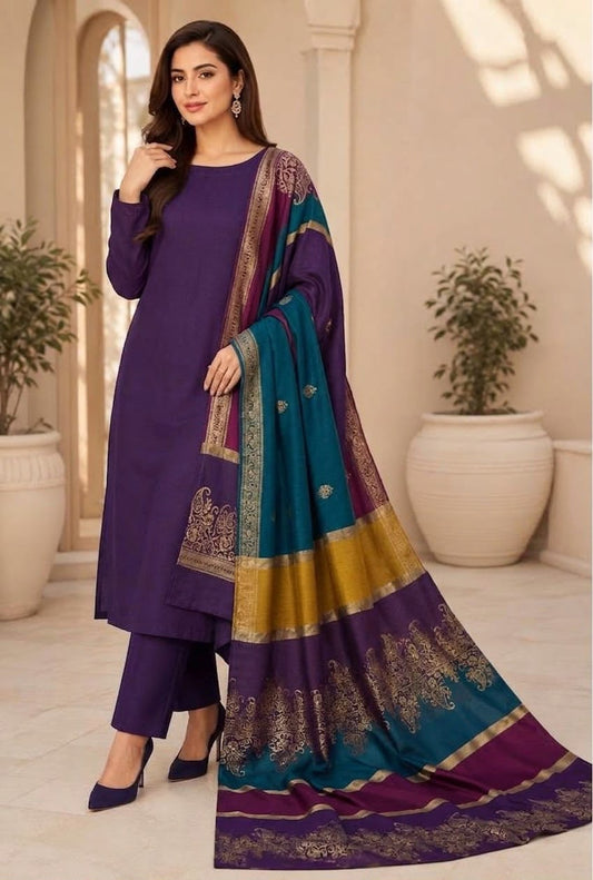 Dhanak wool 3 PC with Brosha Shawl-Plum