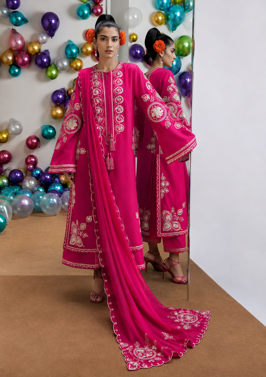 NAIN PREET– 3 Piece winter wool 2 sided Pallu ready to wear shawl-Pink
