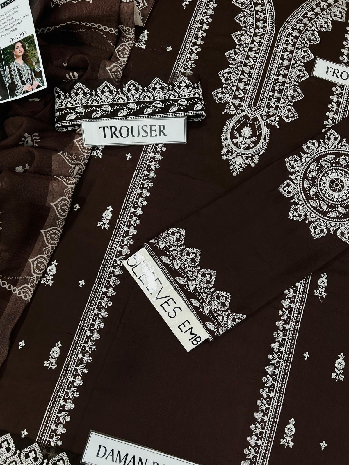 Embroidered 3pc Aneela's-Chocolate