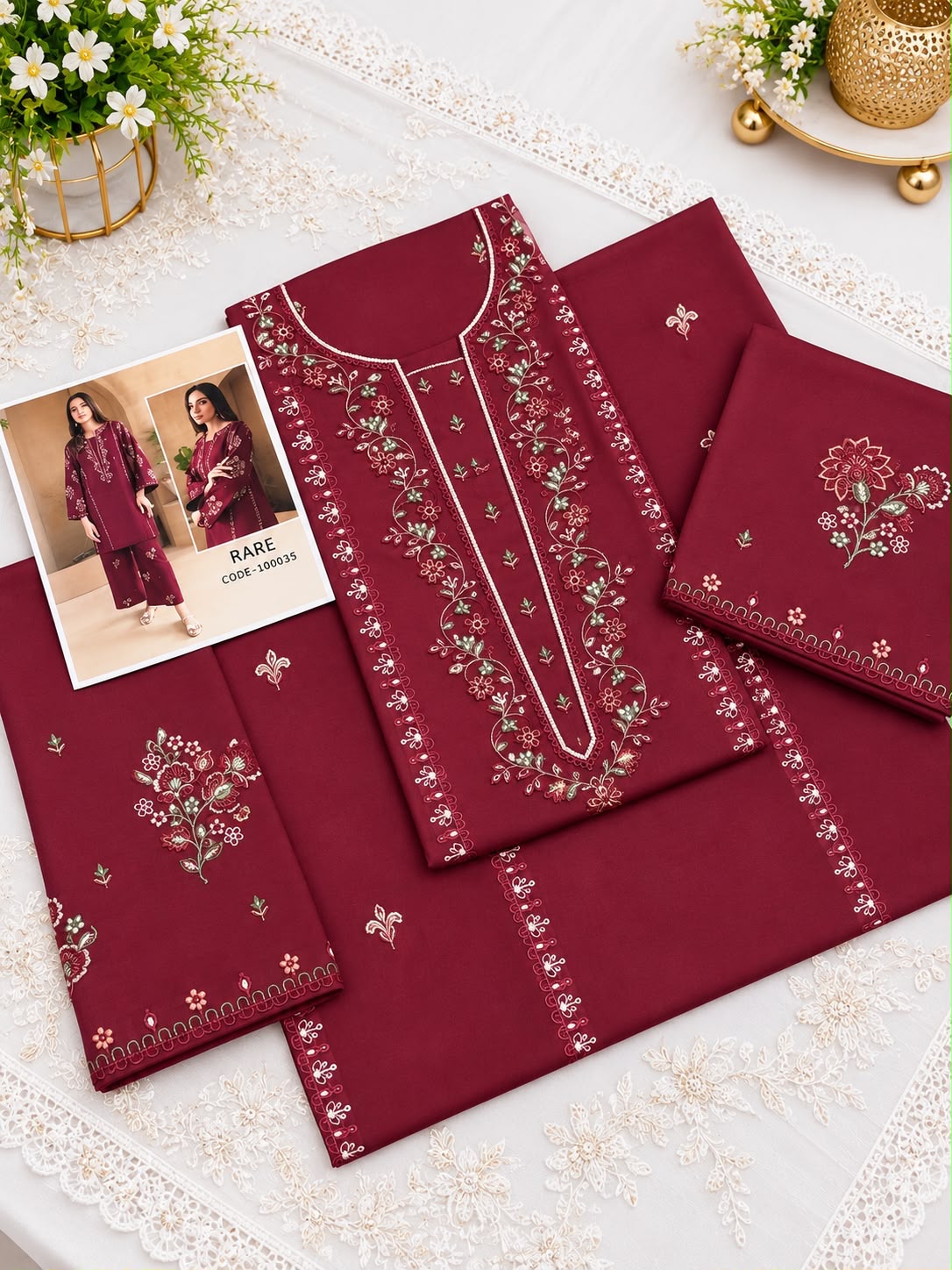 Rare 2 PC Trouser Multi Embroidery Meroon-TS