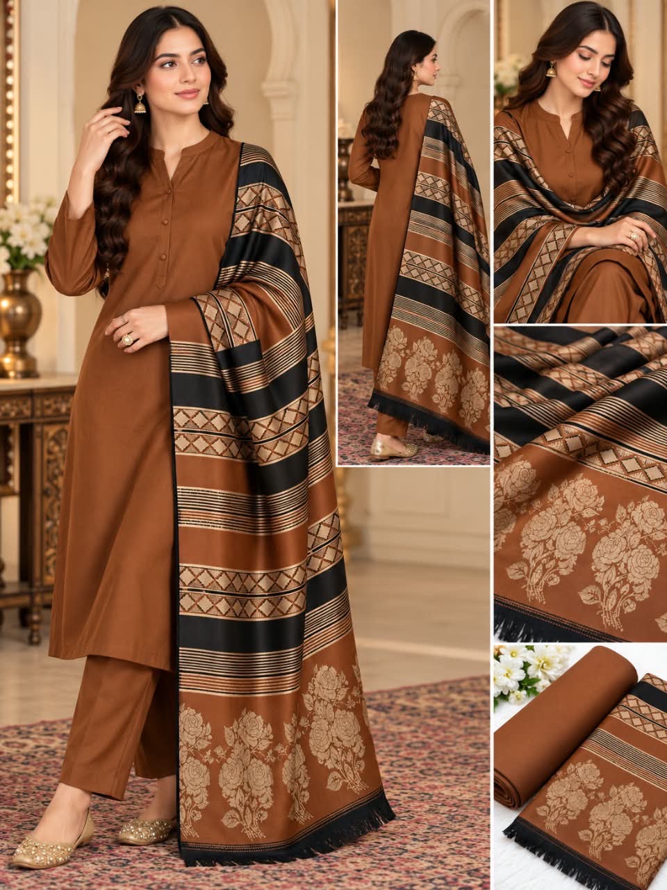 Dhanak wool 3 PC Flower 3D Brosha Shawl-Camel