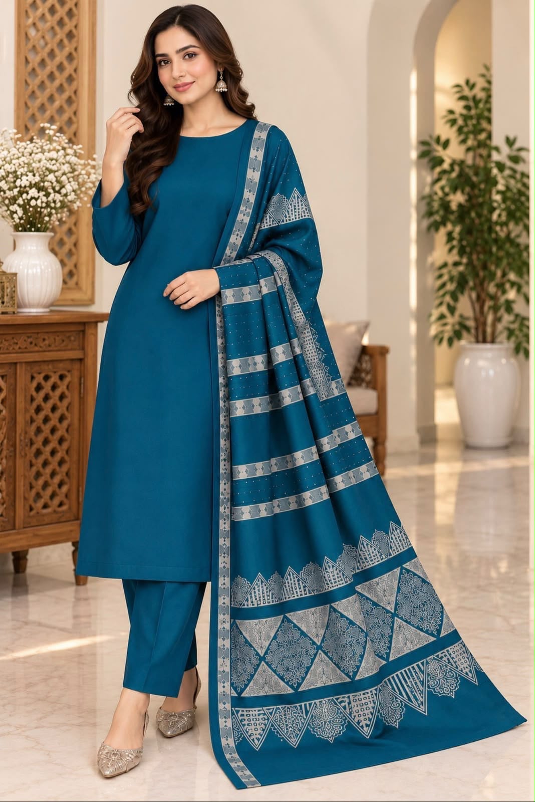 Dhanak wool 3 PC with Brosha Square strips same Shawl-Zink