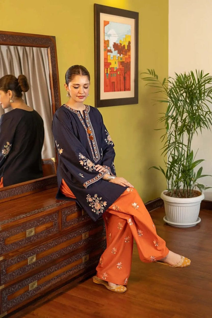 Navy Blue Lawn 2 Piece Heavy Embroidered Suit – Front, Sleeves &amp; Rust Trouser