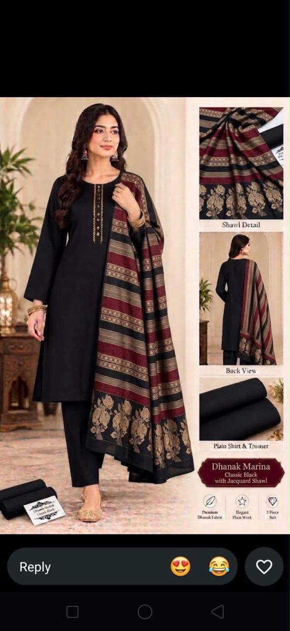 Dhanak wool 3 PC Flower 3D Brosha Shawl-Black