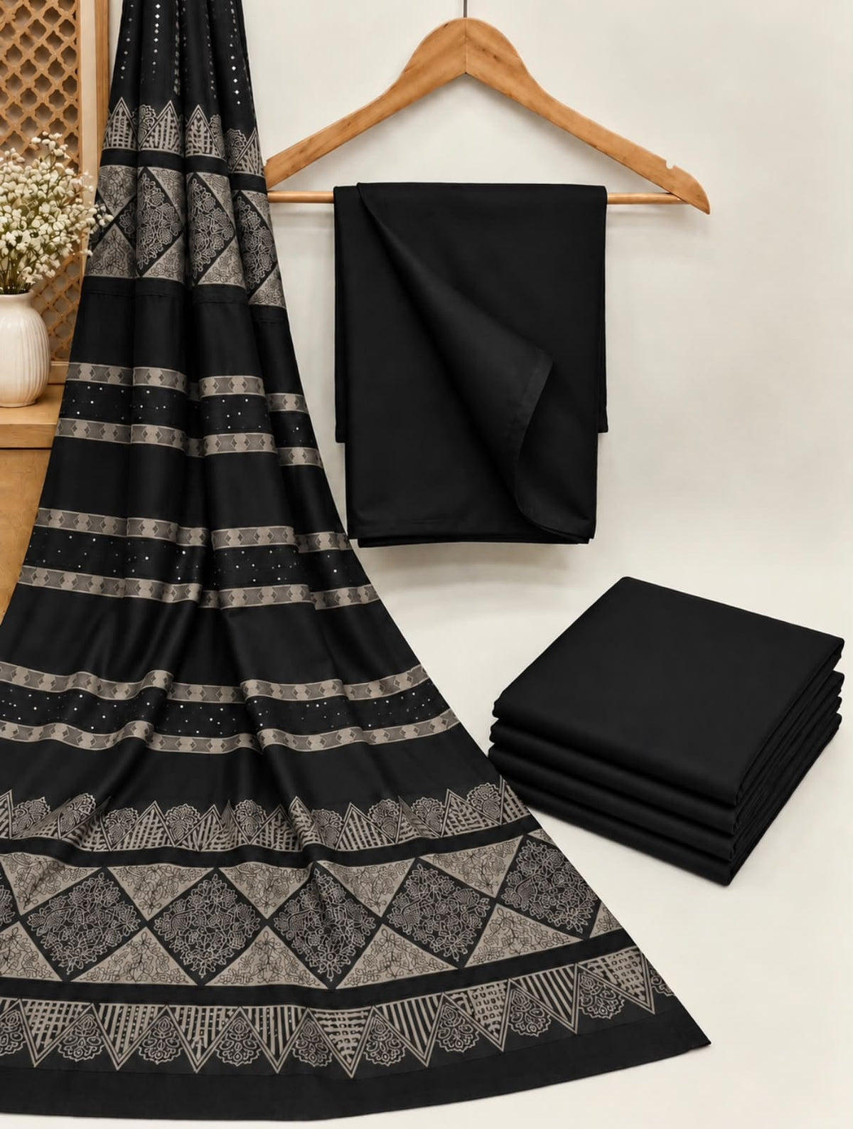Dhanak wool 3 PC with Brosha Square strips same Shawl-Black