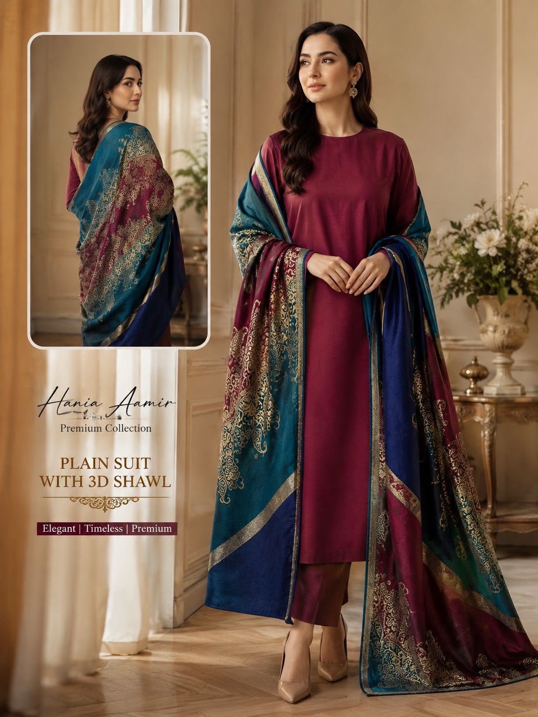 Dhanak wool 3 PC with Brosha Shawl-Meroon