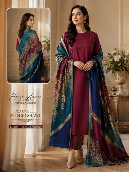 Dhanak wool 3 PC with Brosha Shawl-Meroon
