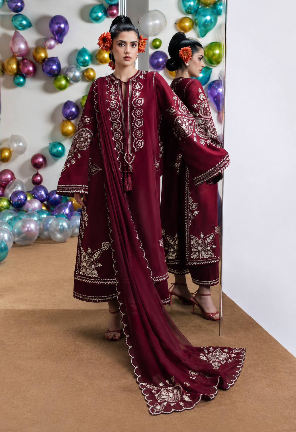 NAIN PREET– 3 Piece winter wool 2 sided Pallu ready to wear shawl-Meroon