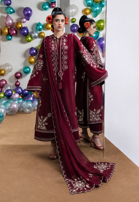 NAIN PREET– 3 Piece winter wool 2 sided Pallu ready to wear shawl-Meroon