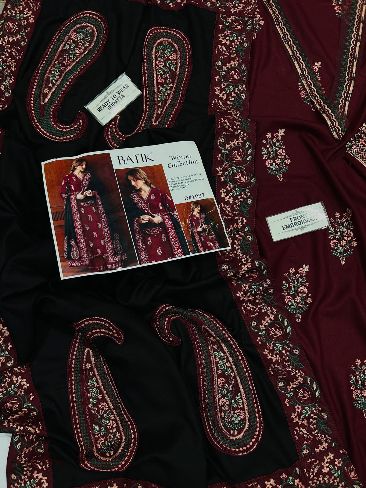 Batik– 3 Piece winter 4 sided Patti and Motif shawl ready to wear-M&B