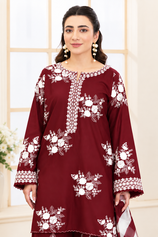 Midnight Bloom – 3 Piece Embroidered dhanak wool-Meroon