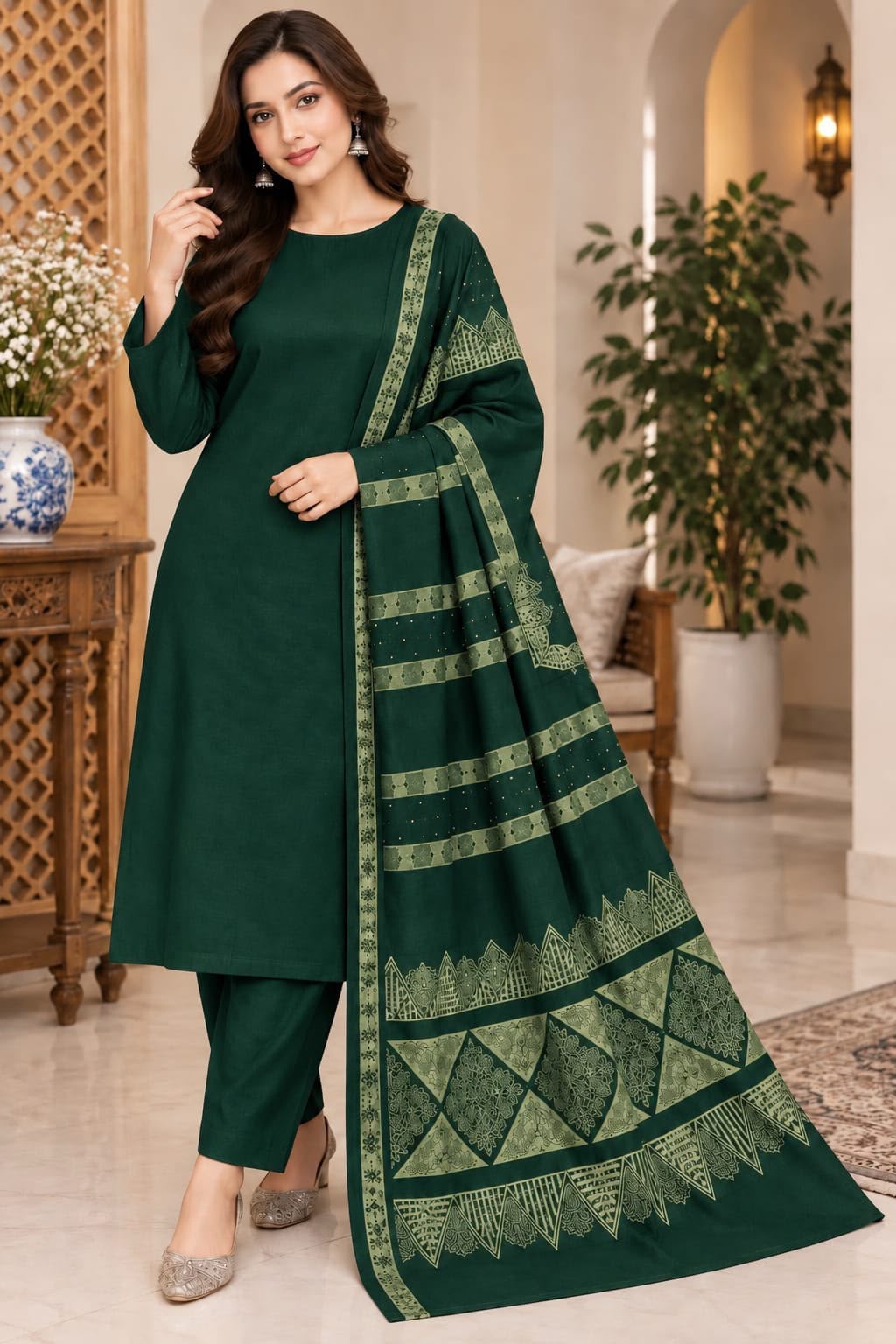 Dhanak wool 3 PC with Brosha Square strips same Shawl-B green