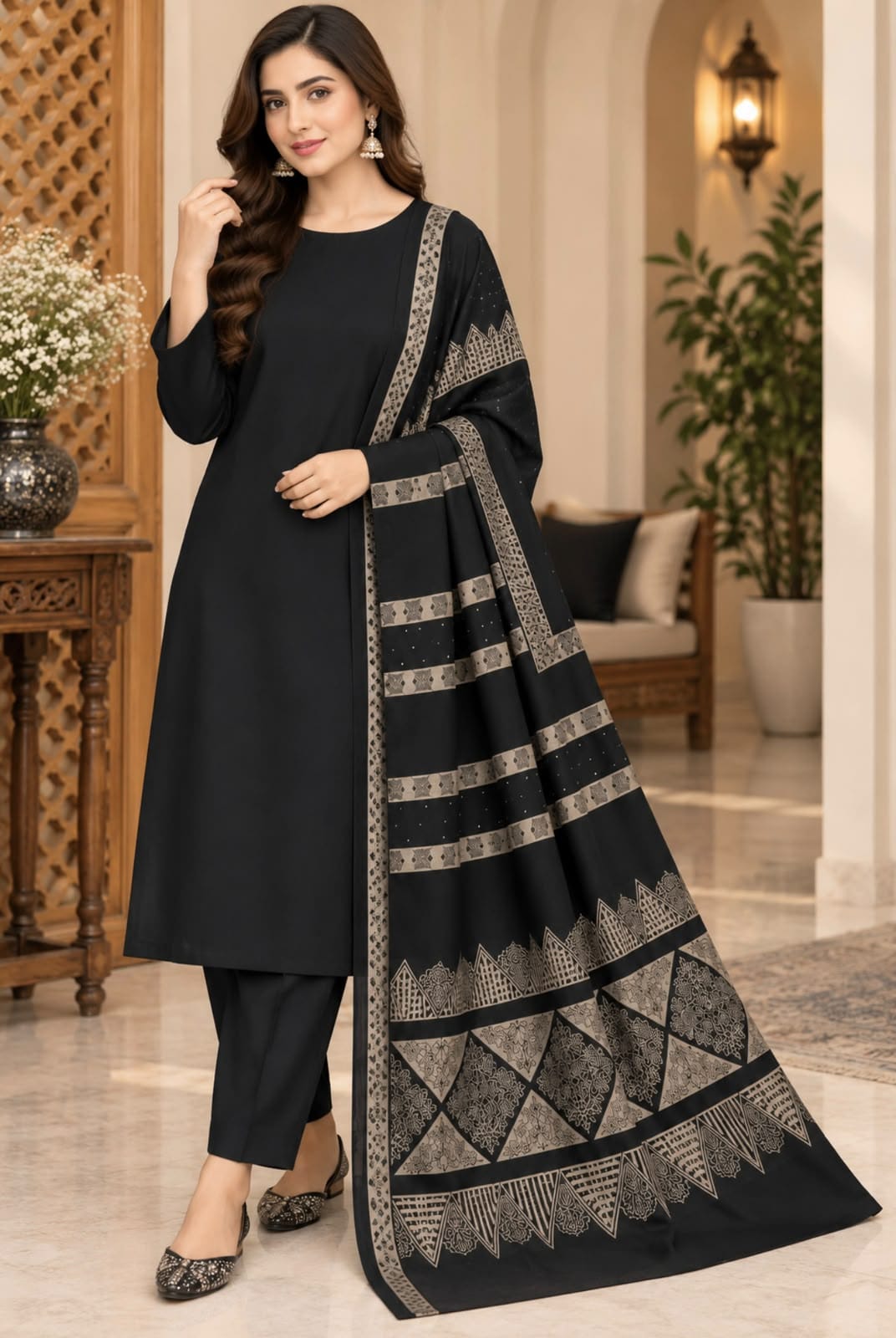 Dhanak wool 3 PC with Brosha Square strips same Shawl-Black